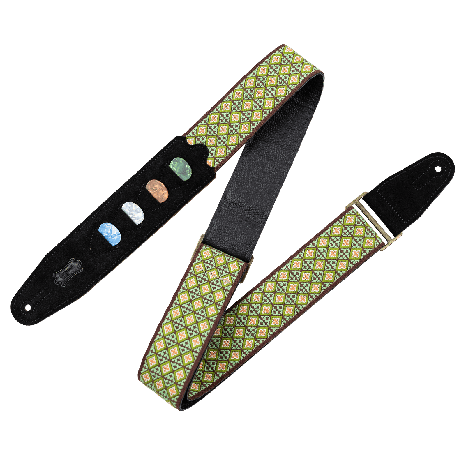 Levy's HOOTENANNY DESIGN GREEN MOSAIC GUITAR STRAP WITH PICK HOLDER - Innovative Music