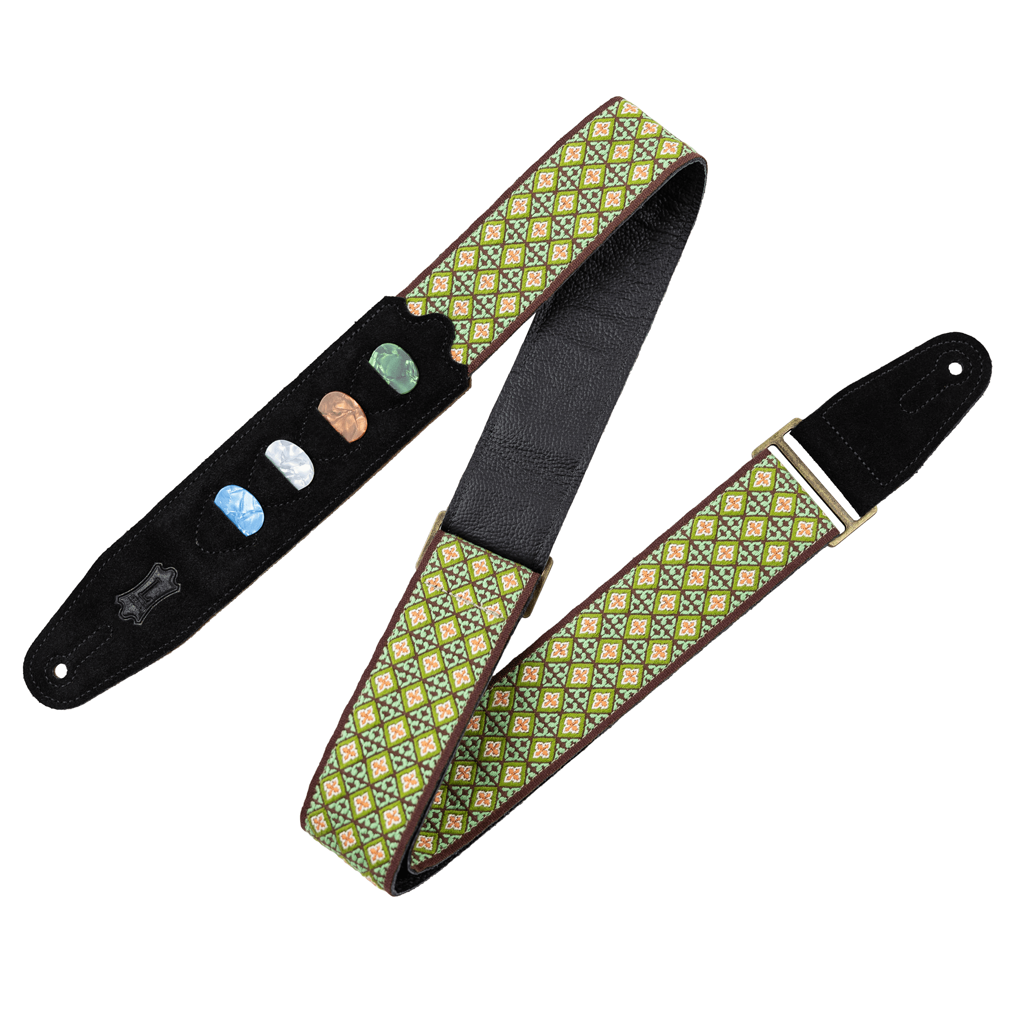 Levy's HOOTENANNY DESIGN GREEN MOSAIC GUITAR STRAP WITH PICK HOLDER - Innovative Music