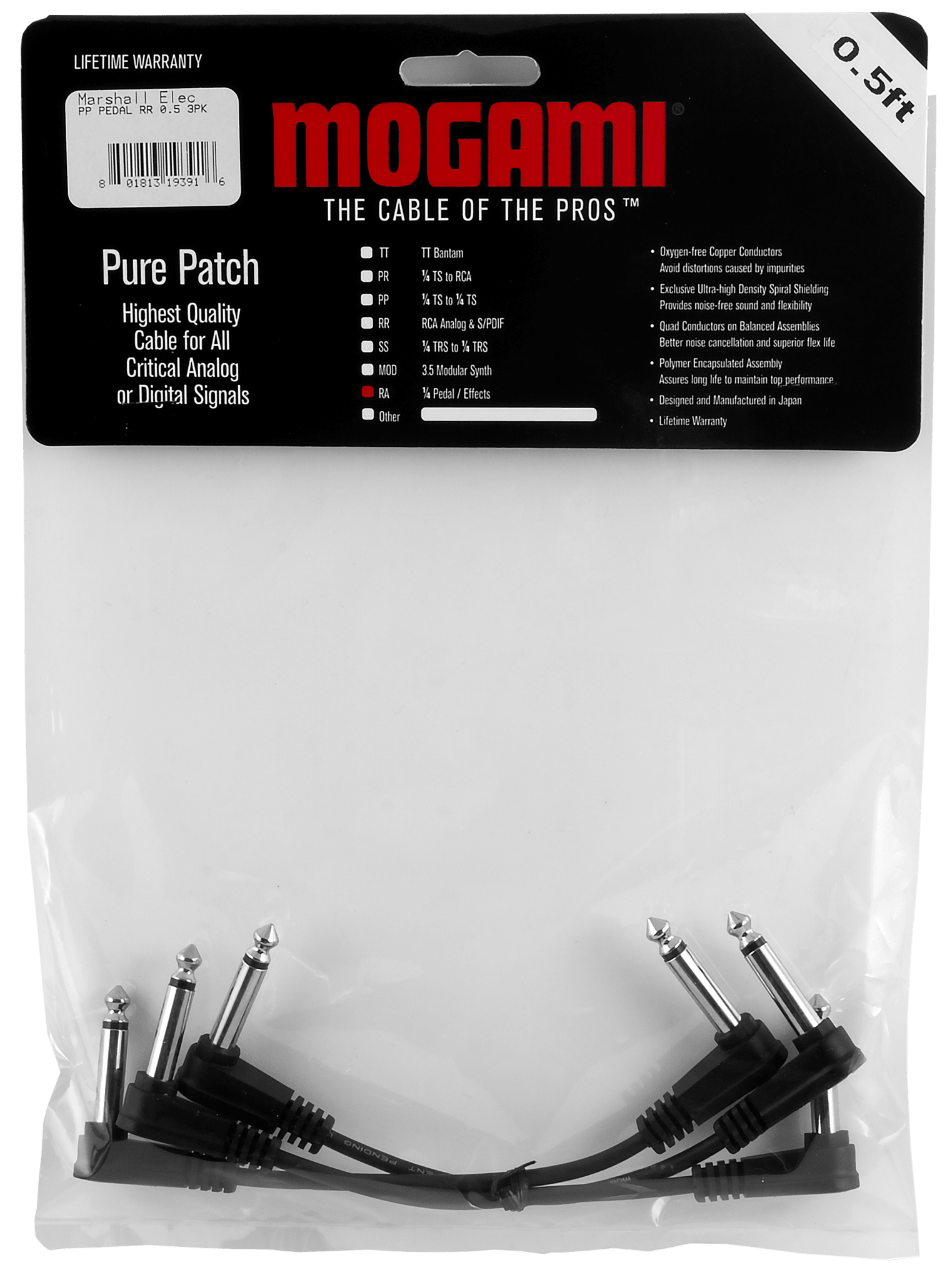 Mogami Pure Patch Pedal Right-Angle Patch Cable — 18" (3-Pack) - Sound Distribution - Innovative Music