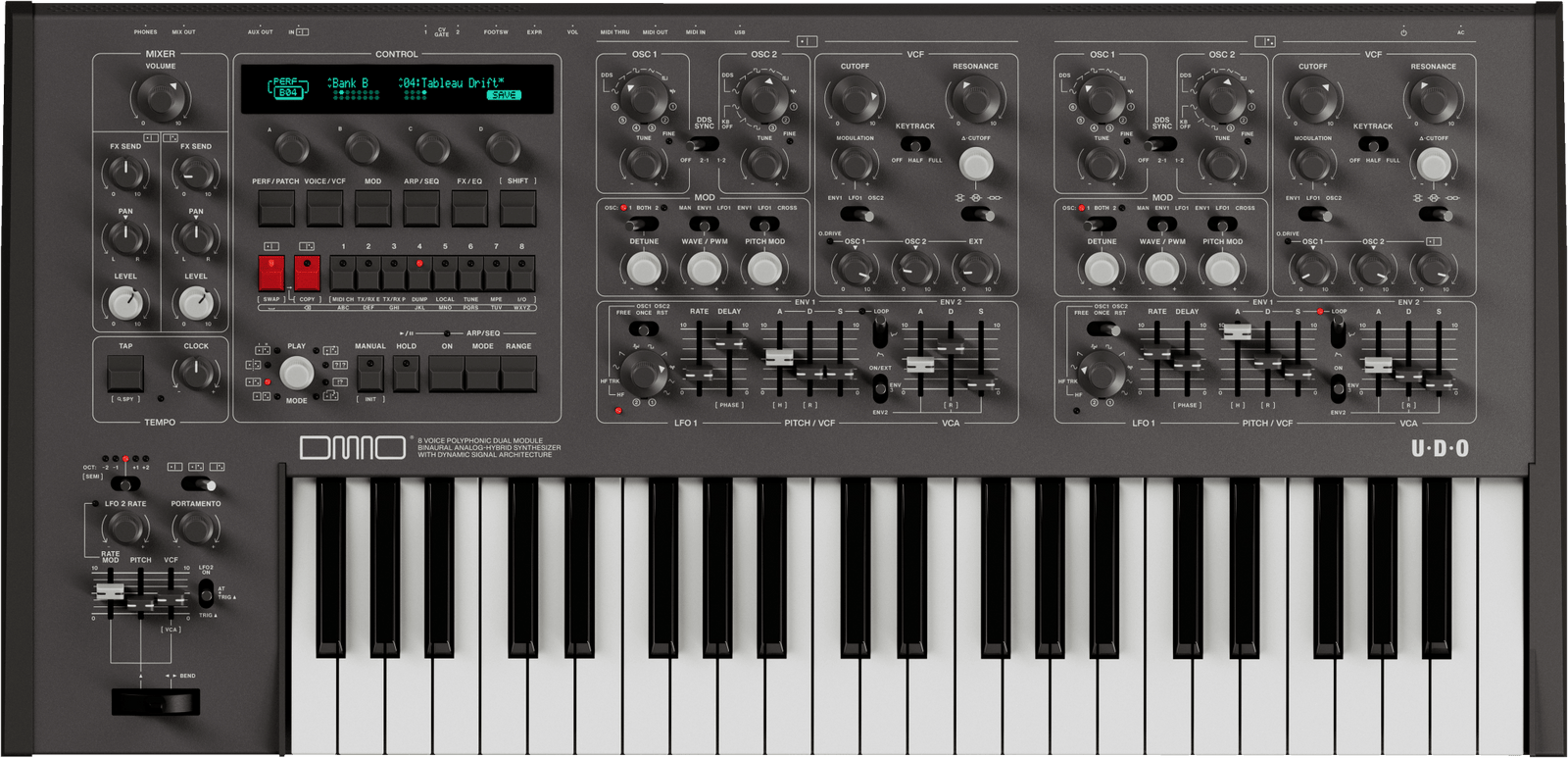 UDO Audio DMNO 8 - Voice Polyphonic 2 - Part Multitimbral Hybrid Analog Synth (Black) - Sound Distribution - Innovative Music