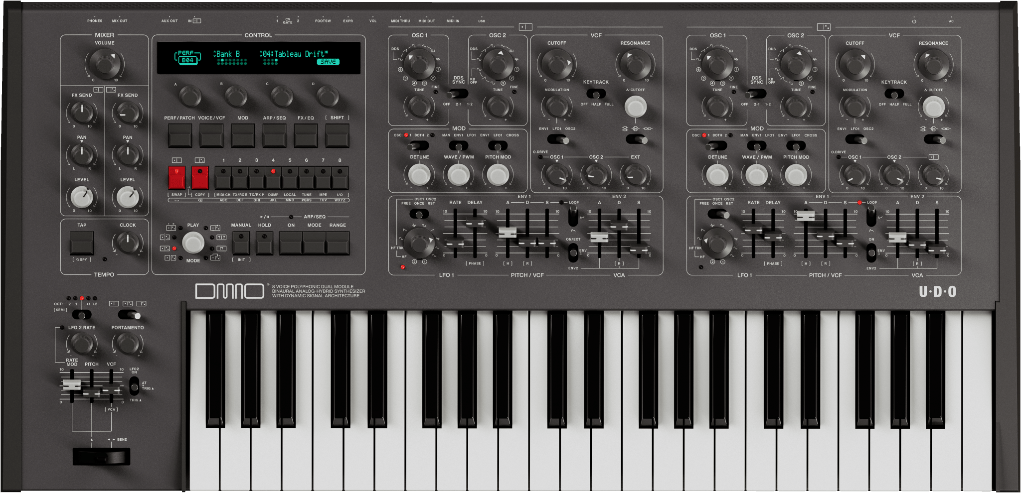 UDO Audio DMNO 8 - Voice Polyphonic 2 - Part Multitimbral Hybrid Analog Synth (Black) - Sound Distribution - Innovative Music