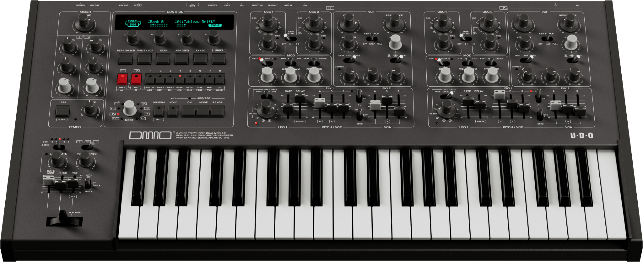 UDO Audio DMNO 8 - Voice Polyphonic 2 - Part Multitimbral Hybrid Analog Synth (Black) - Sound Distribution - Innovative Music