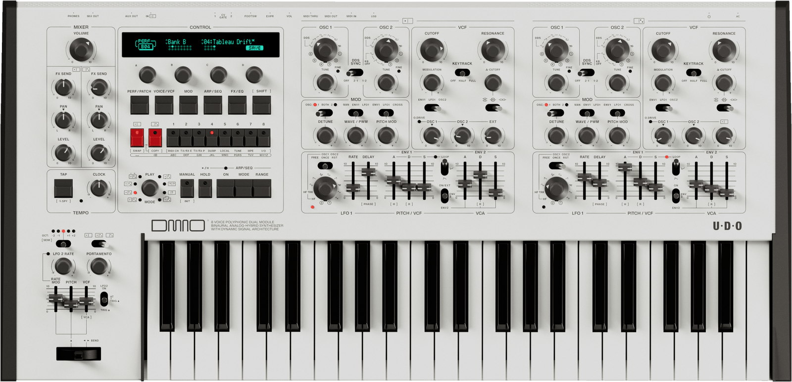 UDO Audio DMNO 8 - Voice Polyphonic 2 - Part Multitimbral Hybrid Analog Synth (White) - Sound Distribution - Innovative Music