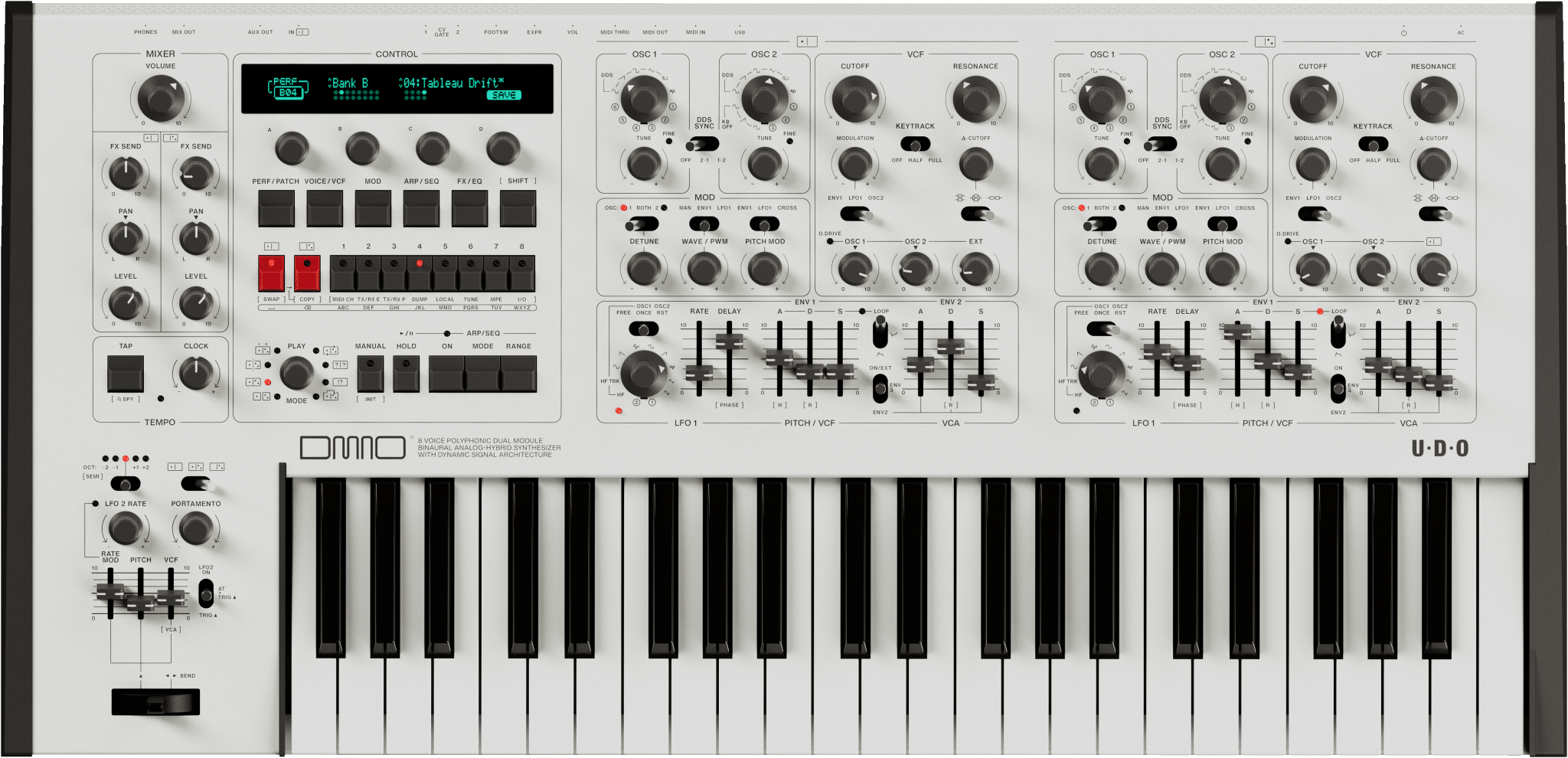 UDO Audio DMNO 8 - Voice Polyphonic 2 - Part Multitimbral Hybrid Analog Synth (White) - Sound Distribution - Innovative Music