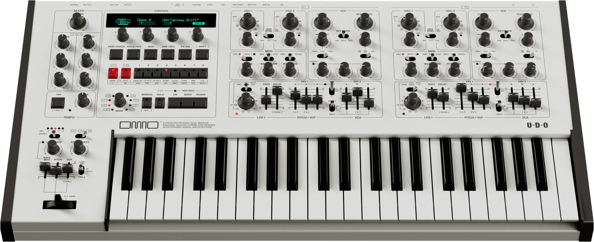 UDO Audio DMNO 8 - Voice Polyphonic 2 - Part Multitimbral Hybrid Analog Synth (White) - Sound Distribution - Innovative Music