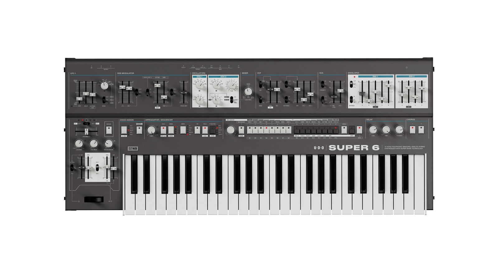 UDO Super 6 ST49 - 12 - voice polyphonic, binaural analog - hybrid synthesizer with poly aftertouch, Black - Innovative Music