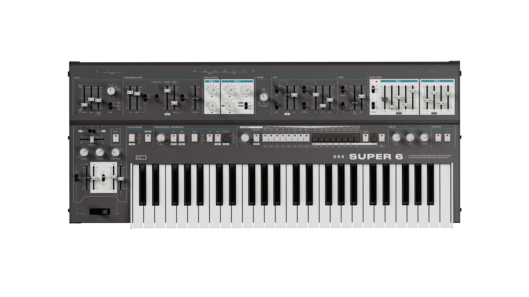 UDO Super 6 ST49 - 12 - voice polyphonic, binaural analog - hybrid synthesizer with poly aftertouch, Black - Innovative Music