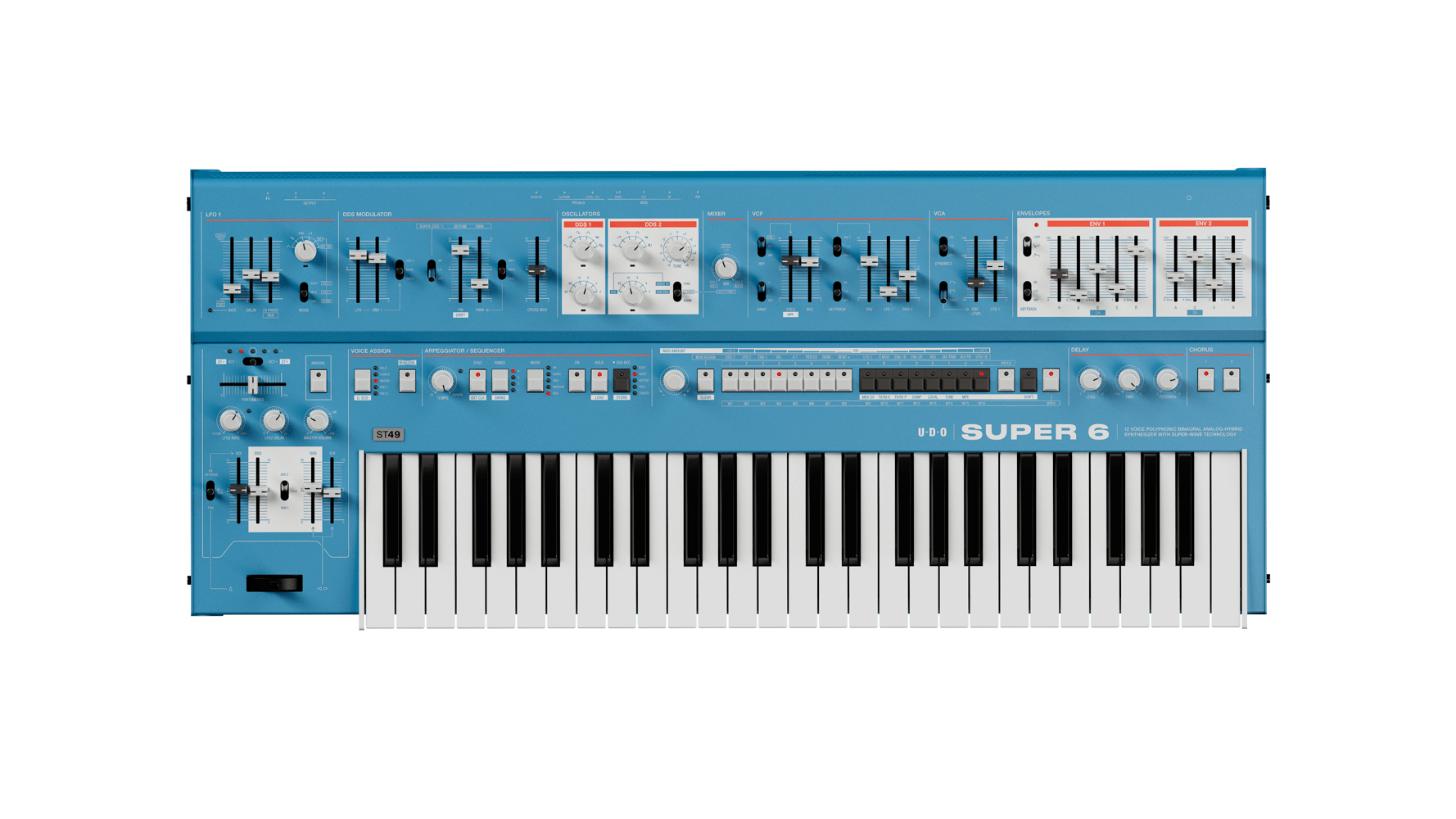 UDO Super 6 ST49 - 12 - voice polyphonic, binaural analog - hybrid synthesizer with poly aftertouch, Blue - Innovative Music
