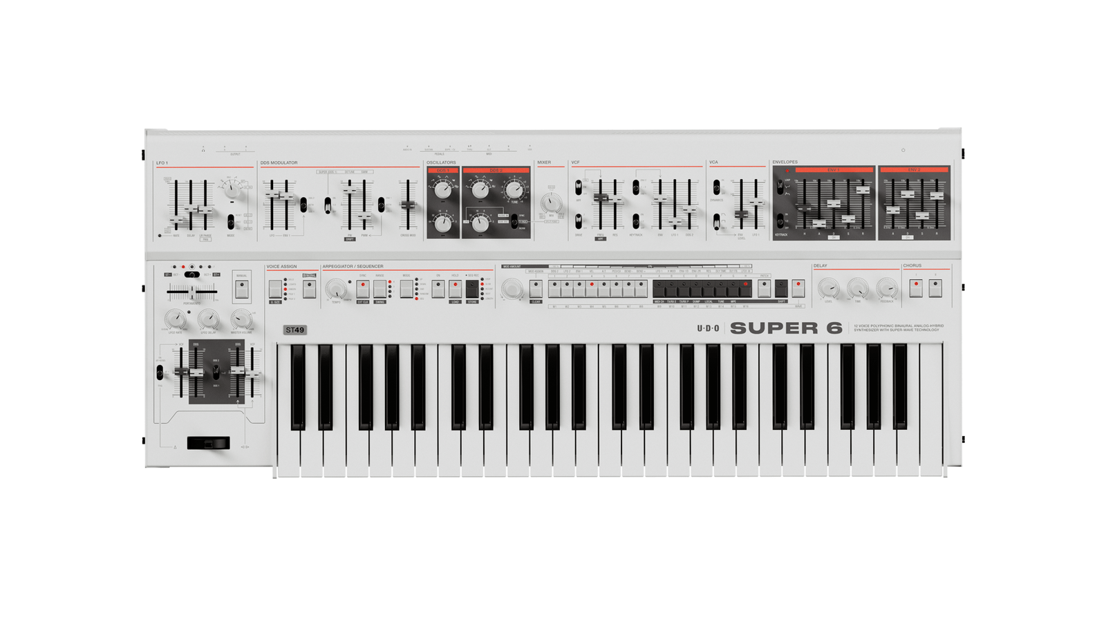 UDO Super 6 ST49 - 12 - voice polyphonic, binaural analog - hybrid synthesizer with poly aftertouch, White - Innovative Music