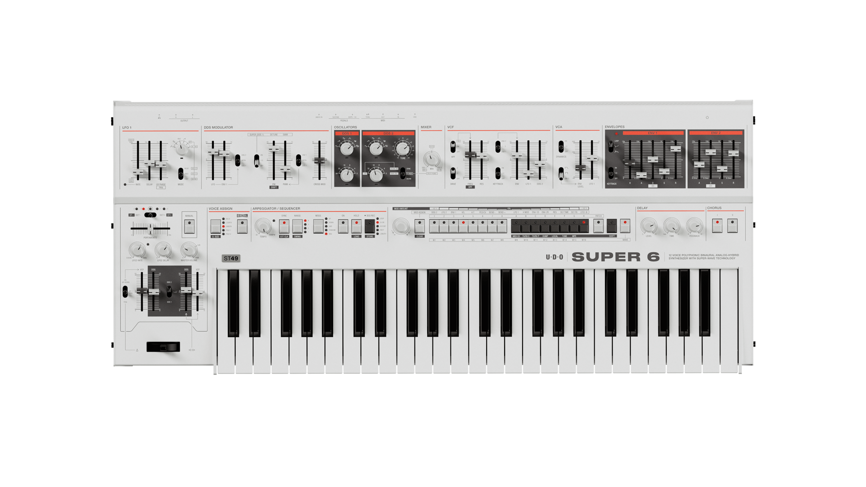 UDO Super 6 ST49 - 12 - voice polyphonic, binaural analog - hybrid synthesizer with poly aftertouch, White - Innovative Music